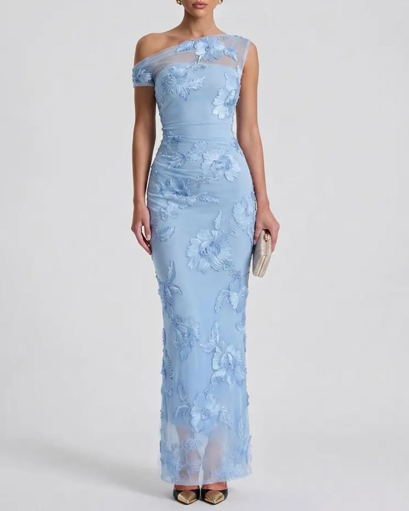 Sexy One-Shoulder Embroidered Mesh Panel Bodycon Dress