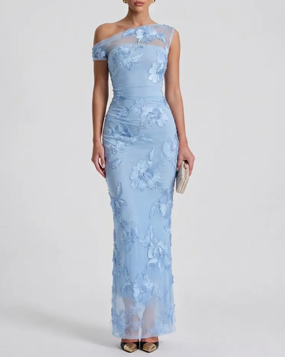 Sexy One-Shoulder Embroidered Mesh Panel Bodycon Dress