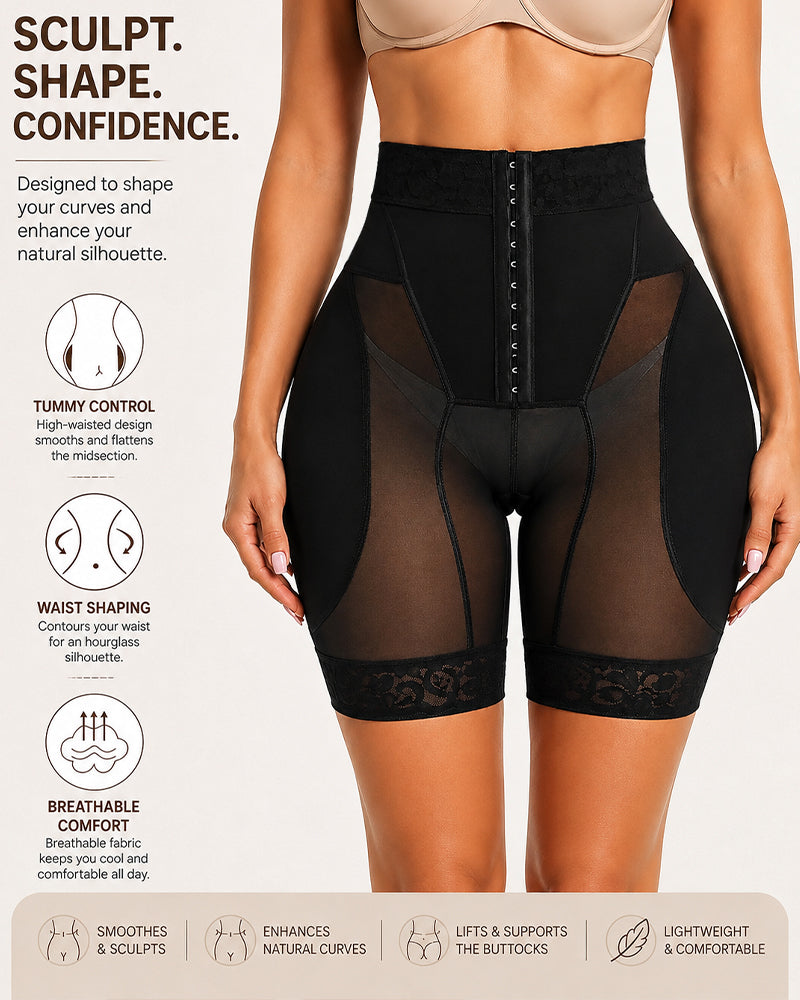 High Waist Tummy Control Hook-eye Lace Trim Seamless Breathable Shaping Shorts