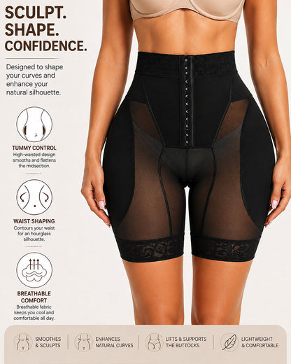 High Waist Tummy Control Hook-eye Lace Trim Seamless Breathable Shaping Shorts
