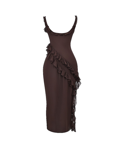 Sexy Ruffle Trim Slit Maxi Dress
