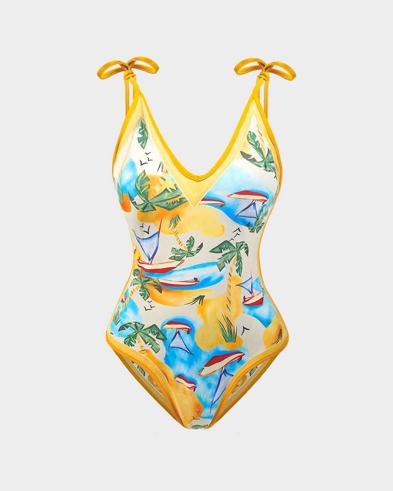 Reversible Floral Tie-Strap One-Piece Swimsuit