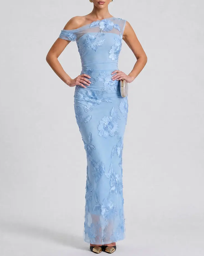 Sexy One-Shoulder Embroidered Mesh Panel Bodycon Dress