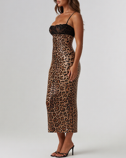 Sexy Lace Patchwork Leopard Sequin Bandeau Strap Dress