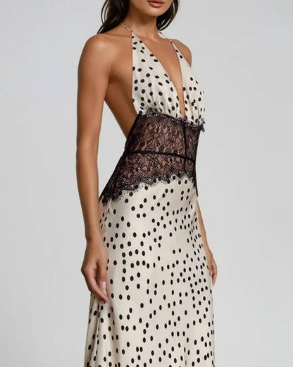 Elegant V-Neck Halter Lace and Satin Patchwork Maxi Dress
