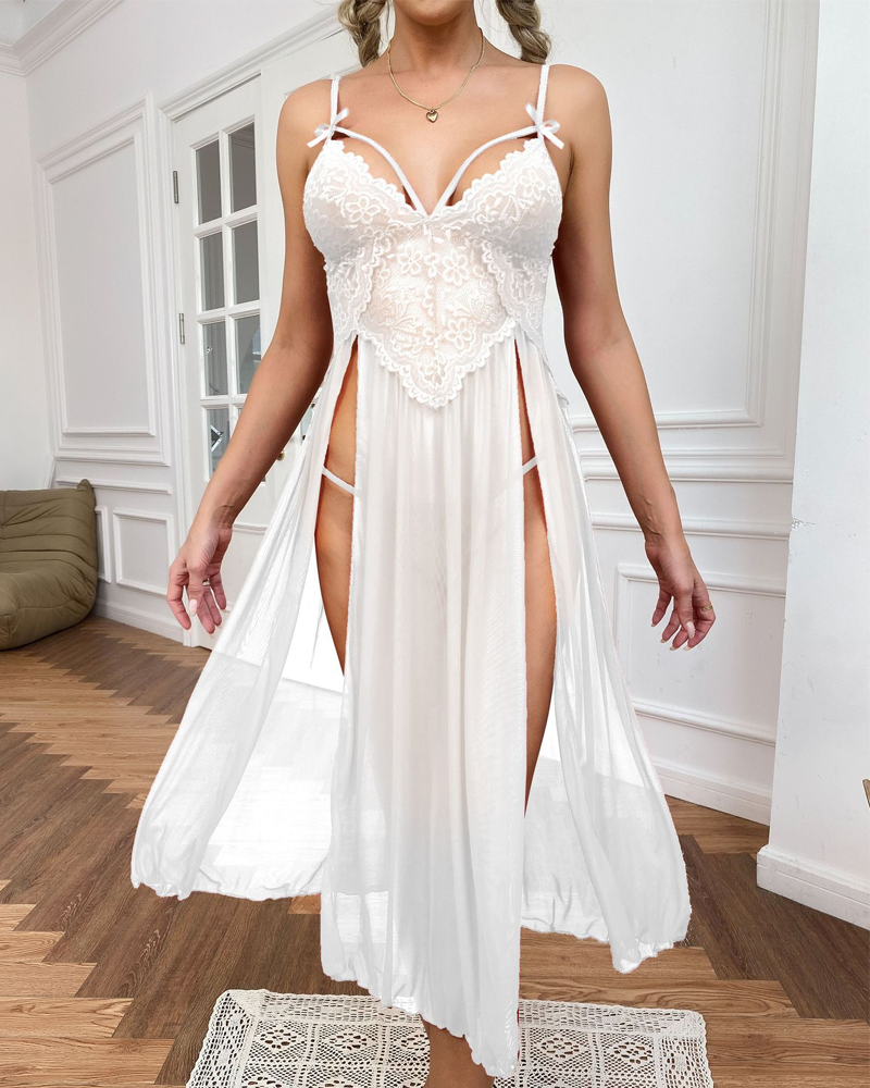Sexy Sheer Mesh Deep V-Neck Lace Side Slit Slip Dress