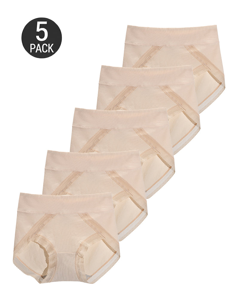 5-Pack Pure Cotton Lace Trim Breathable Tummy Control Panties
