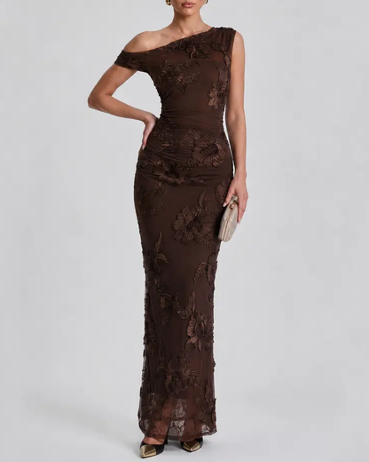 Sexy One-Shoulder Embroidered Mesh Panel Bodycon Dress