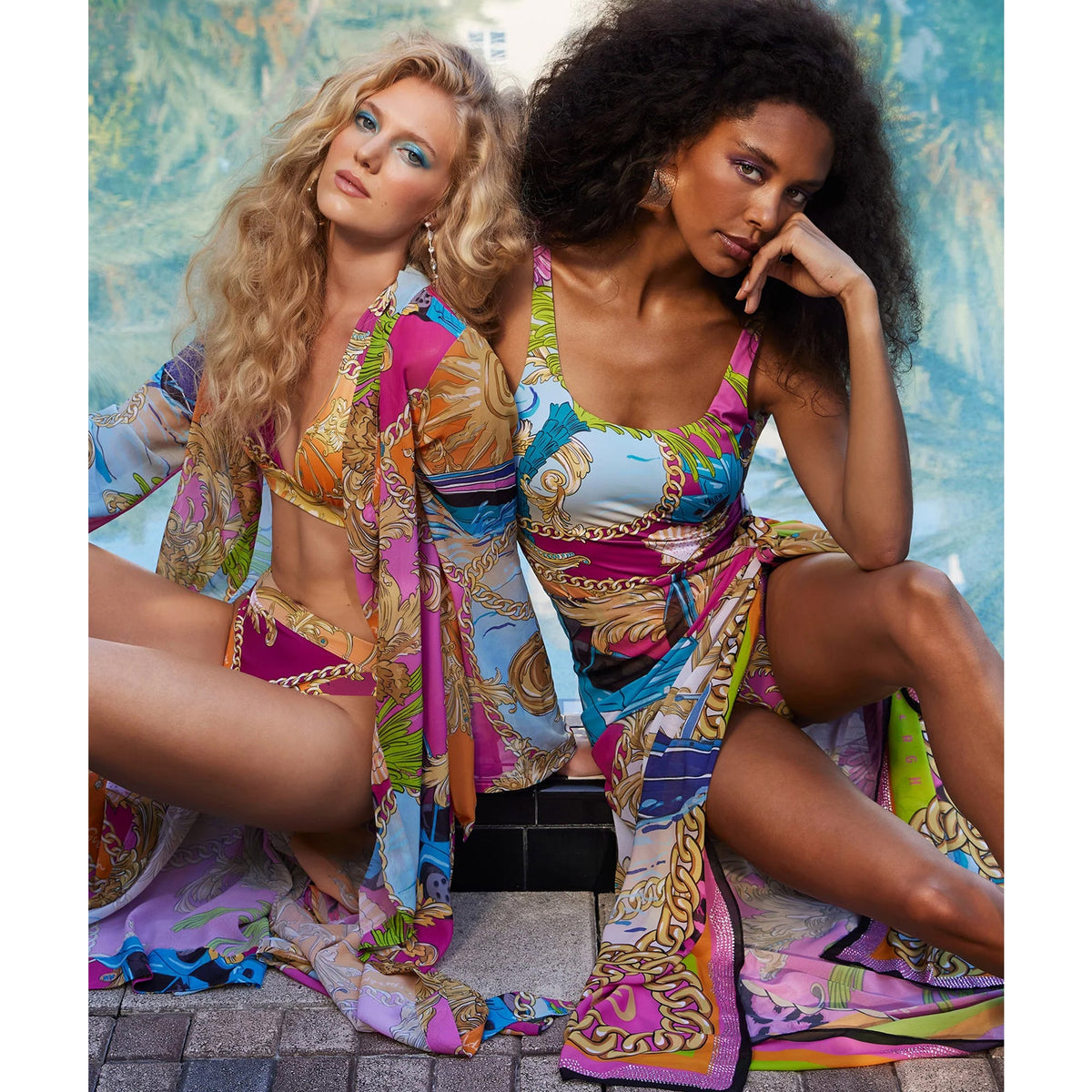 Round Neck Shell Print One Piece Swimsuit and Sarong or Skirt