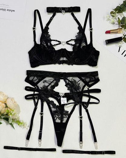 Sexy Embroidered Cutout Rhinestone Heart Halter Lingerie Set