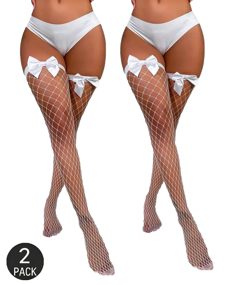 Two Packs Bow-Decorated Fishnet Thigh-High Stockings