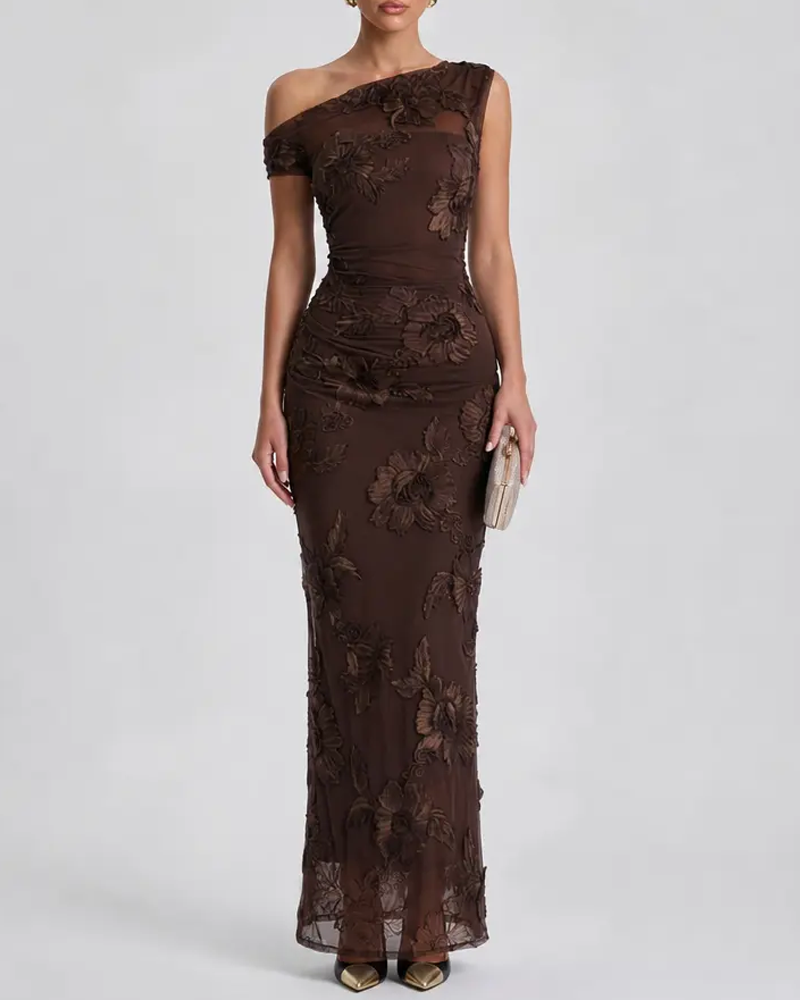 Sexy One-Shoulder Embroidered Mesh Panel Bodycon Dress