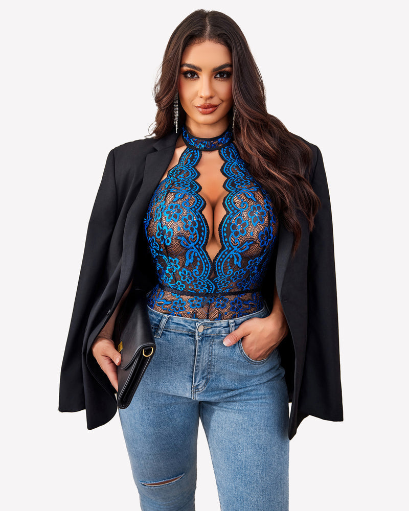 Halter Lace Bodysuit V Neck Teddy
