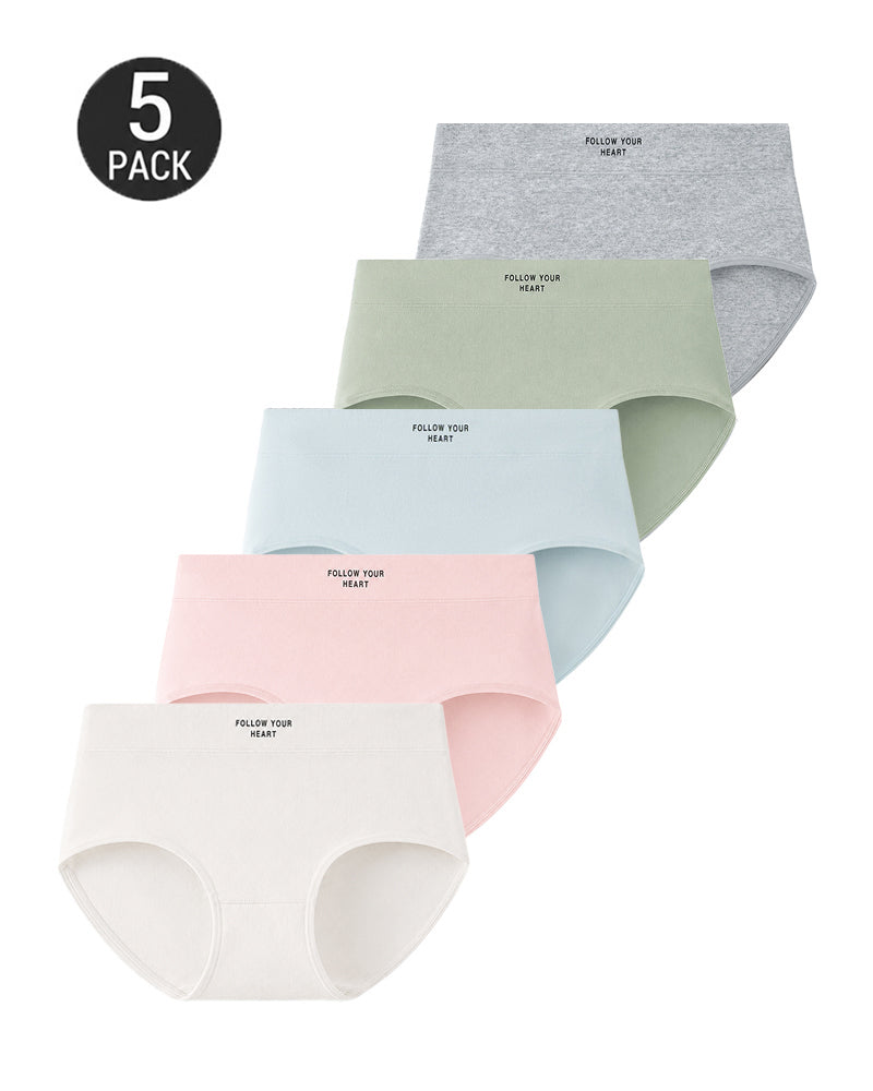 Plus Size 5-Pack Pure Cotton Antibacterial Mid-Waist Panties