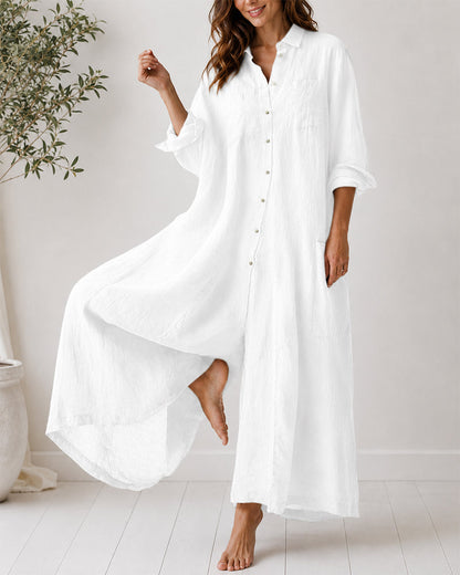 Casual Linen Button-down Long Sleeve Wide-leg Jumpsuit