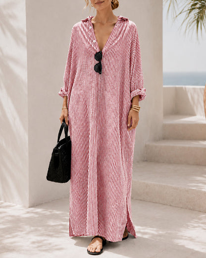 Casual Loose Striped Cotton Collared Long Sleeve Button-down Long Dress