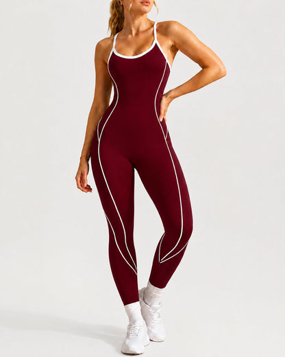 Women's Colorblock U-Neck High Elastic Sleeveless Yoga Fitness Jumpsuit