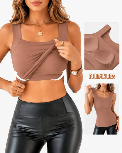 High Strechy Seamless U Neck Built-in Bra Tank Tops