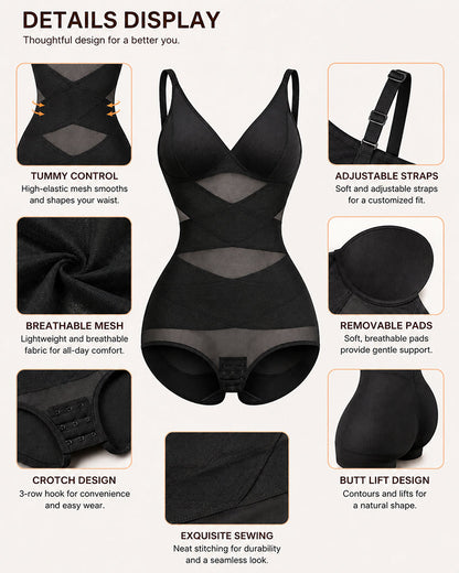 Sexy Deep V Cross Mesh Breathable Tummy-control Bodysuit Shapewear