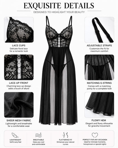 Sexy Deep V Lace See-through Mesh High Slit Long Nightgown
