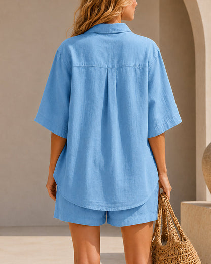 Casual Cotton Linen Collared Short Sleeve Top and Shorts Set