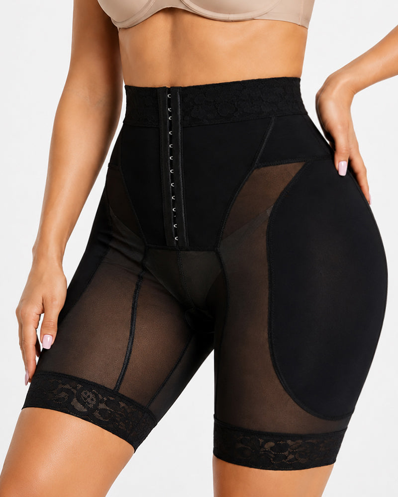 High Waist Tummy Control Hook-eye Lace Trim Seamless Breathable Shaping Shorts
