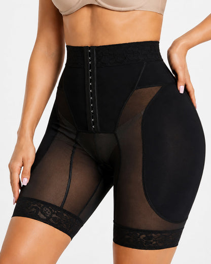 High Waist Tummy Control Hook-eye Lace Trim Seamless Breathable Shaping Shorts