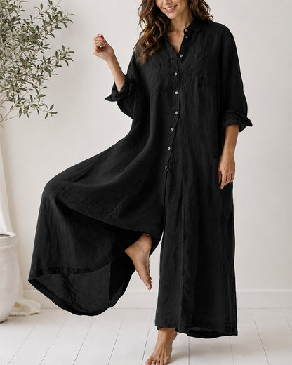 Casual Linen Button-down Long Sleeve Wide-leg Jumpsuit