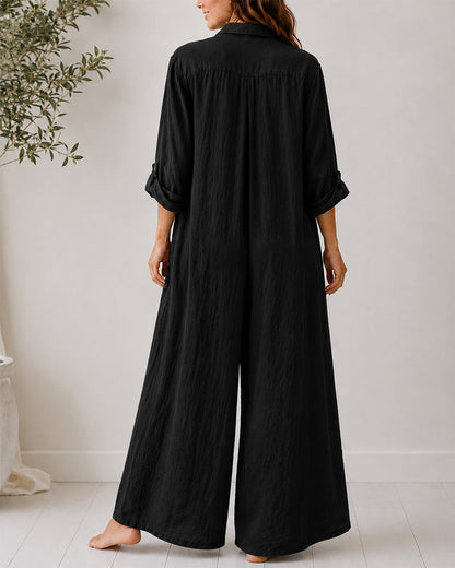 Casual Linen Button-down Long Sleeve Wide-leg Jumpsuit