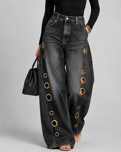 Casual Loose Metal Perforations High Waist Wide-leg Washed Jeans