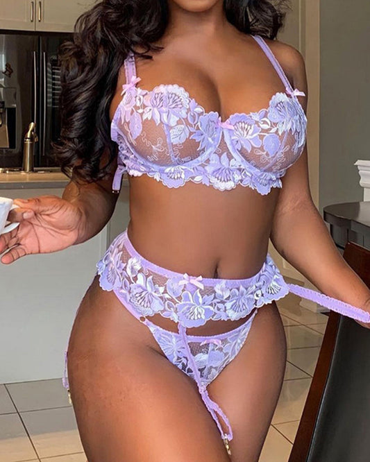 Purple Sexy Floral Embroidered Lace Mesh Sheer See-through Hollow-out Lingerie Set