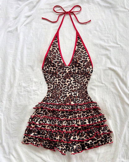 Women's Retro Leopard Print V-Neck Backless One-piece Swimsuit