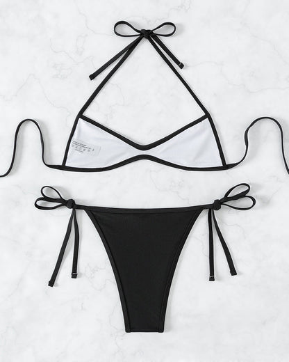 Sexy Solid Color Halter Neck Mini Pleated Beach Bikini
