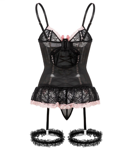Gathered Contrast Color Sexy See-Through Lace Bow With Leg Cover Pajamas Set