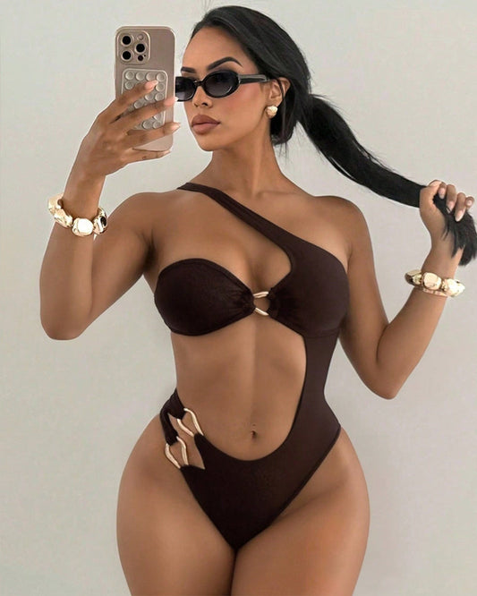 Off-shoulder Cutout Backless Solid Color Sexy One-piece Swimsuit