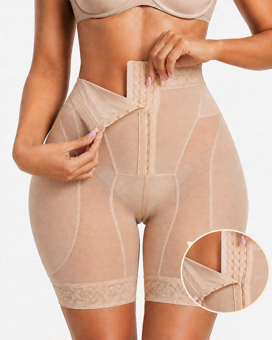 High Waist Tummy Control Hook-eye Lace Trim Seamless Breathable Shaping Shorts