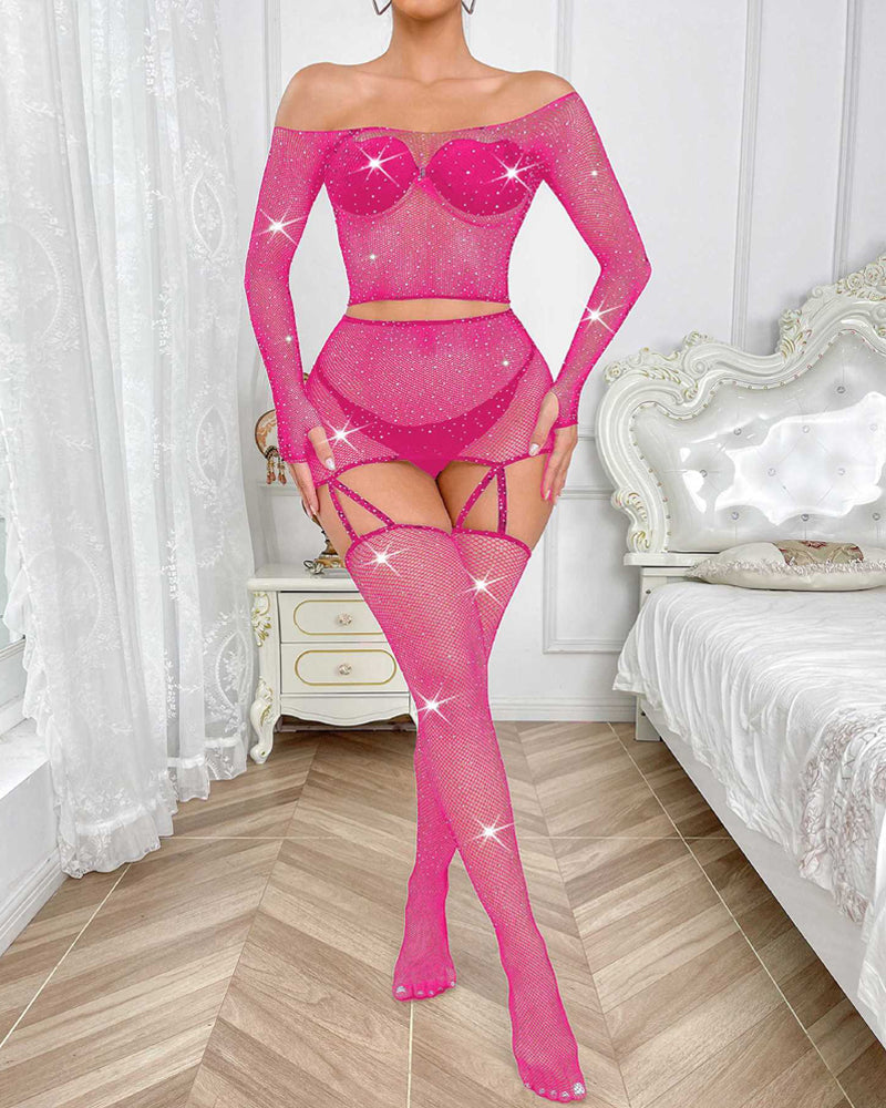 Sexy Rhinestone Fishnet Long-Sleeved Skirt Set