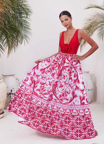 Detachable 3D Flower Red One Piece Swimsuit and Skirt