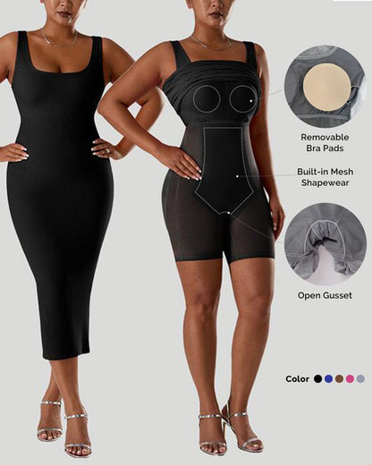 Solid Color Sleeveless Waist and Hip Lifting Long Dress With Built In Shapewear