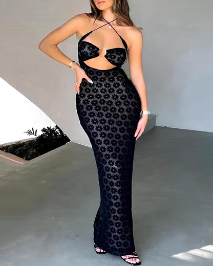 Women's Sexy Mesh Elegant Flower Suspender Hollow Long Dress
