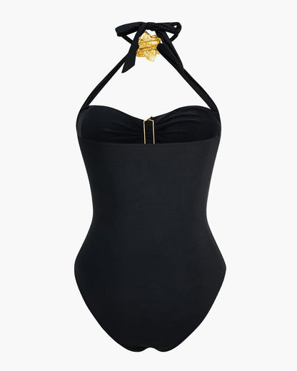 Halterneck Cut Out Swimsuit and Skirt With Flower Hardware Details