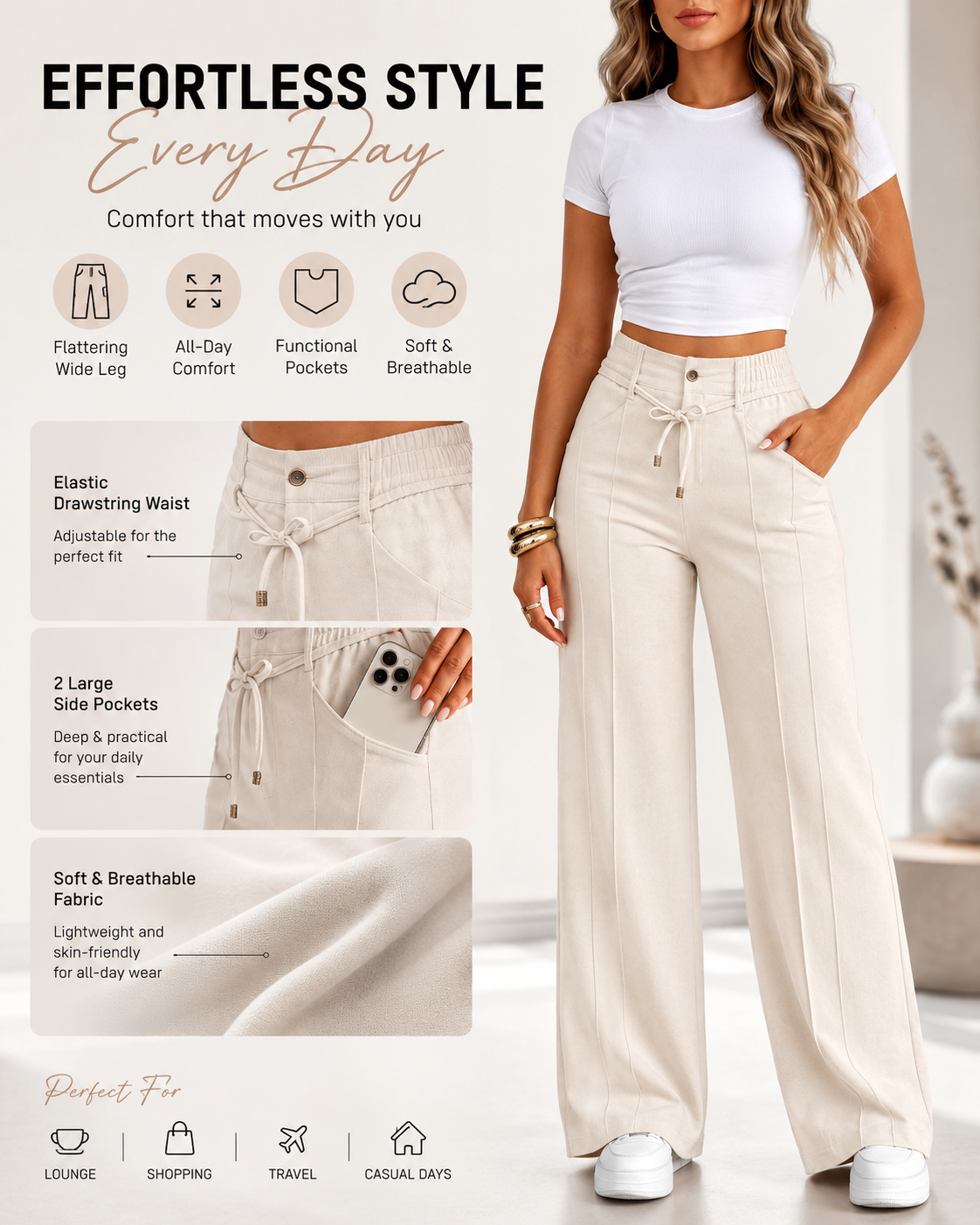 Casual Loose High Waist Drawstring Wide-Leg Pants