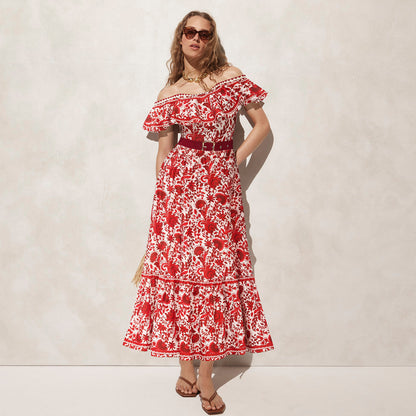 Bandeau Ruffled Red Flower Silhouette Print One Piece Swimsuit and Skirt