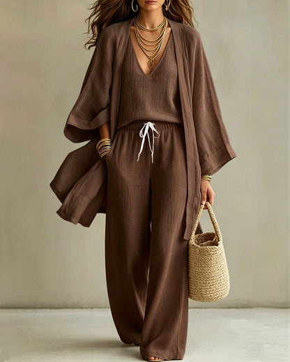 Casual Loose Cotton Linen Sleeveless Vest, Wide-leg Pants and Cardigan Three-piece Set