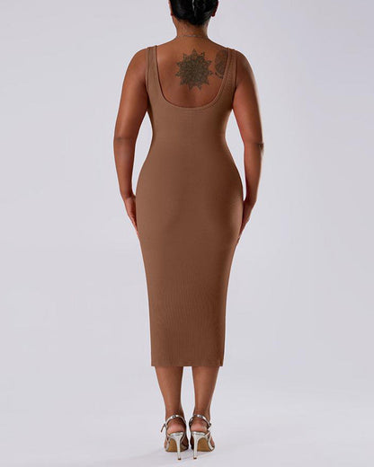 Solid Color Sleeveless Waist and Hip Lifting Long Dress With Built In Shapewear