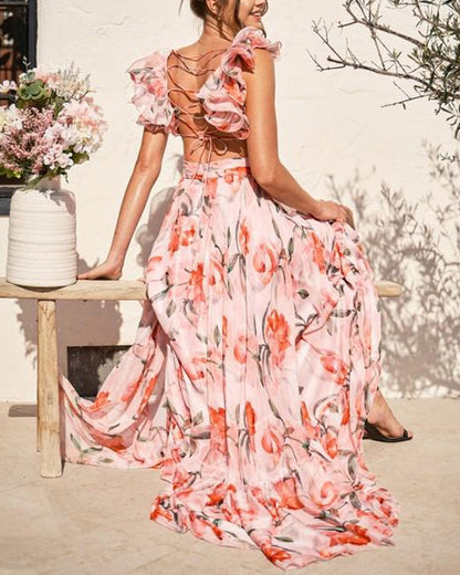 V Neck Halter Back Ruffle Strap Floral Beach Holiday Dress