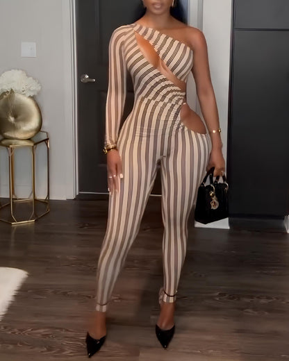 Sexy Striped Colorblock One-shoulder Cutout Long-sleeved Stretch Jumpsuit
