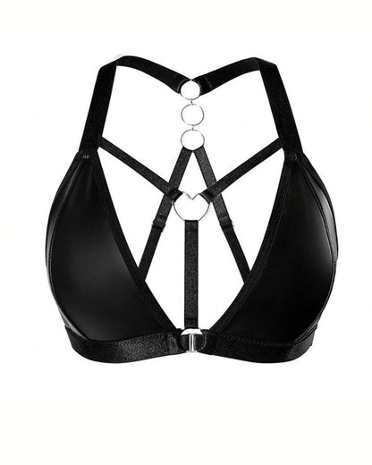 Sexy Deep V Leather Backless Metal Ring Cutout Bra