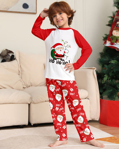 Santa Claus Print Round Neck Raglan Sleeve Color Block Parent-Child Lounge Pajama Set