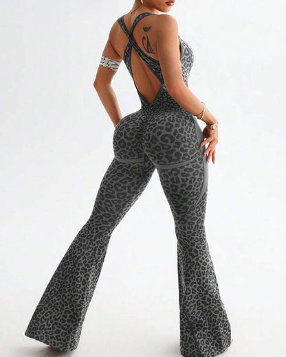 Leopard Print Crossback Seamless Elastic Yoga Fitness Jumpsuit